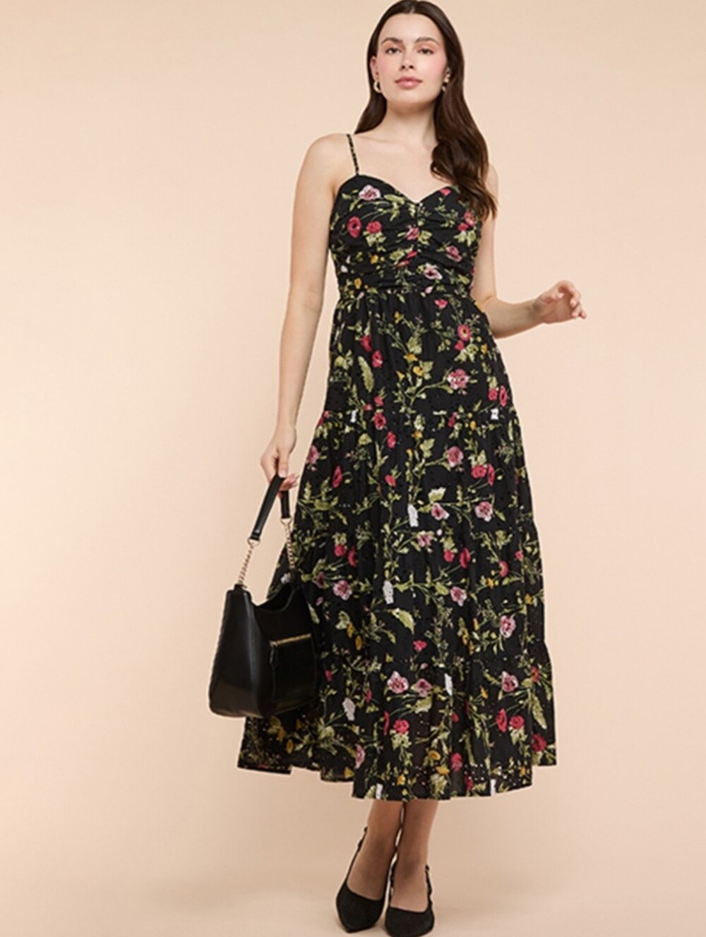 Zara Floral Cutwork Midi Dress Medium Black/Floral